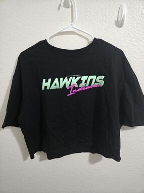 Stranger Things | Black Crop Tee with Mint & Pink 'Hawkins' Graphic